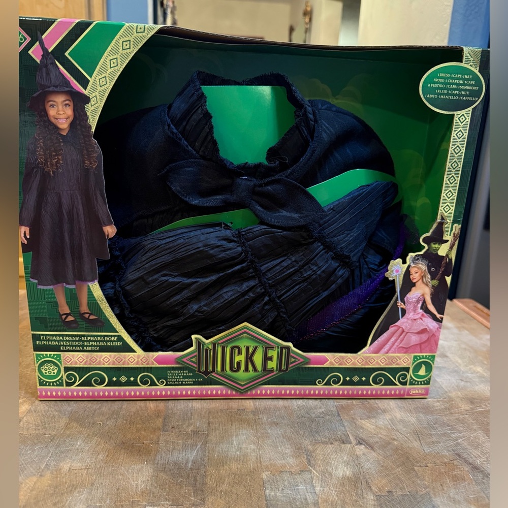 Wicked Witch Costume Kids Sz 4-6 Black Hat Black Cape Black Dress Halloween NEW